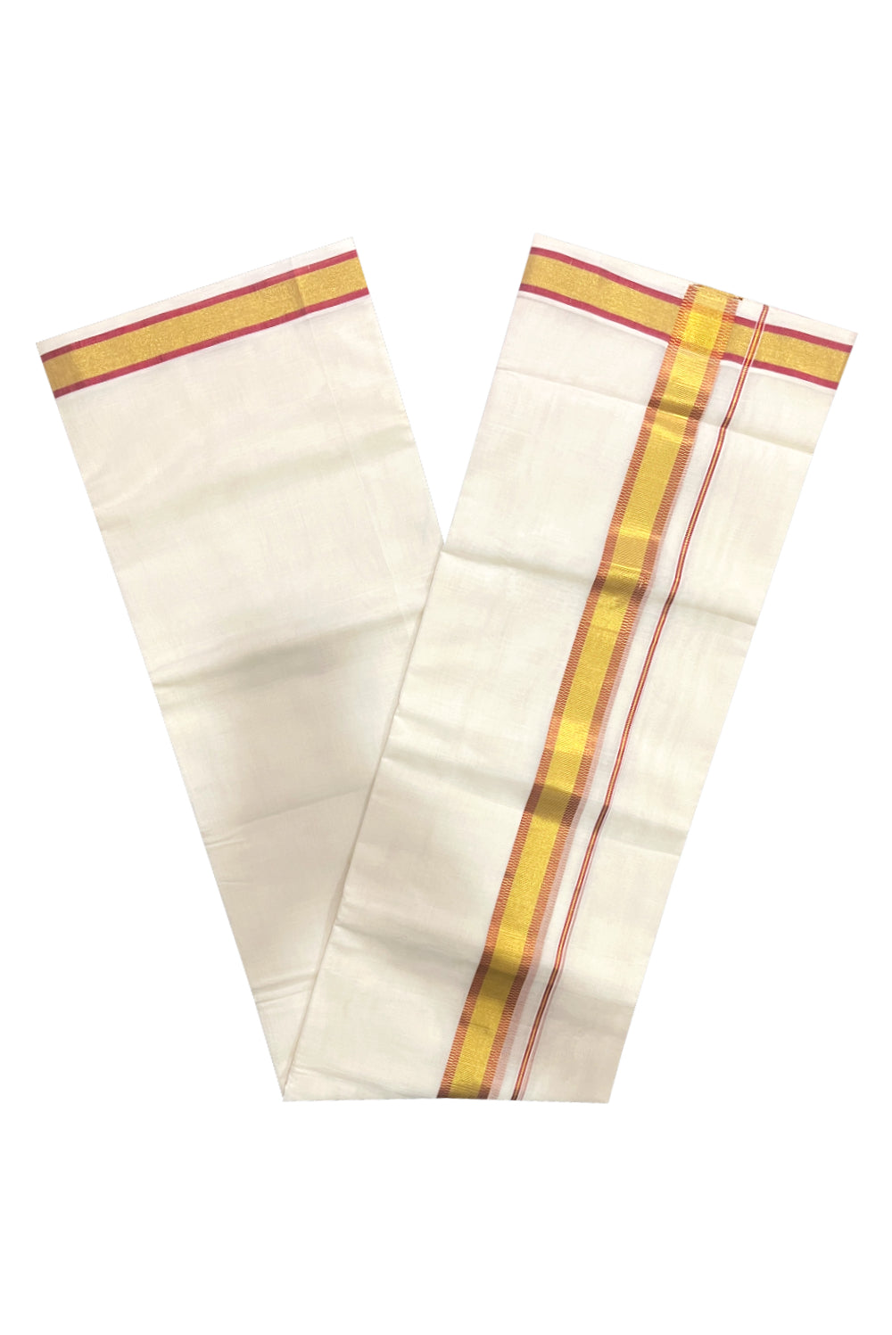 Southloom Premium Handloom Cotton Double Mundu with Golden and Red Kasavu Design Border (South Indian Kerala Dhoti)