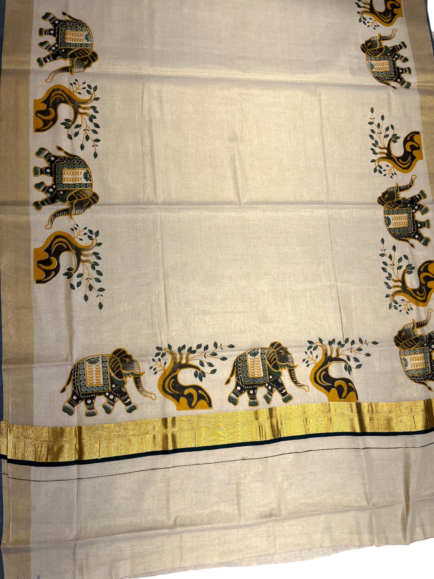 Southloom Kerala Tissue Kasavu Saree with Green Elephant Hand Printed Across Body