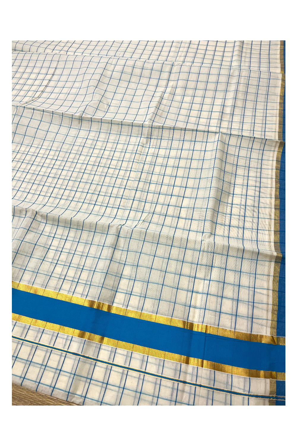 Pure Cotton Kerala Woven Check Design Saree with Kasavu and Blue Border