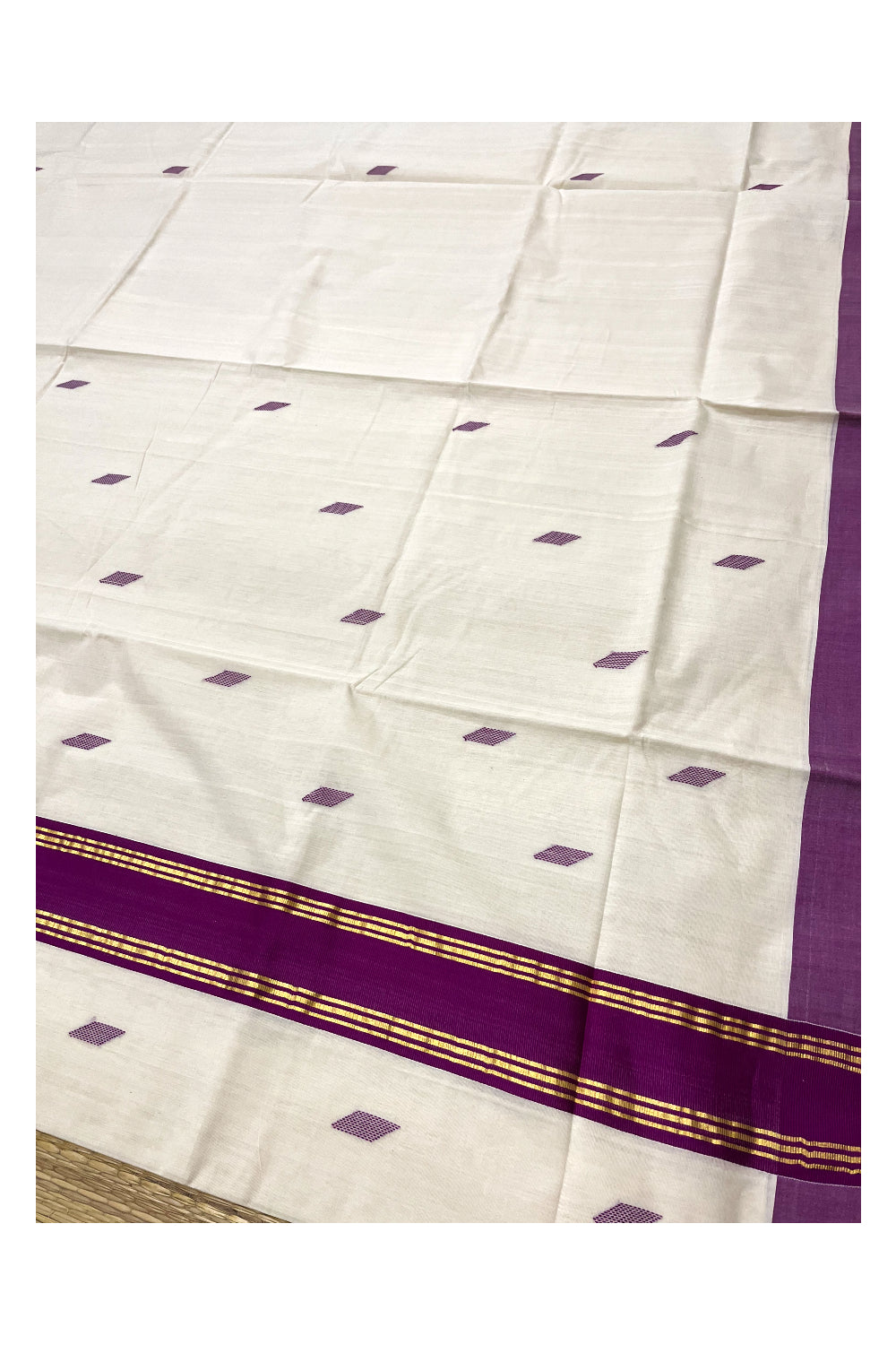 Southloom Premium Balaramapuram Unakkupaavu Handloom Cotton Butta Saree with Violet and Kasavu Border