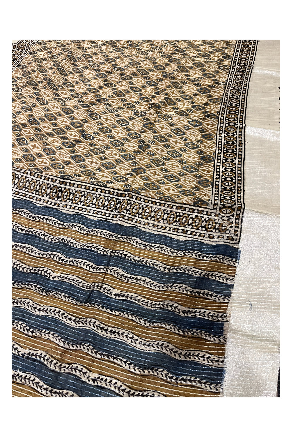 Southloom Linen Yellow Blue Saree with Designer Prints and Tassels works on Pallu