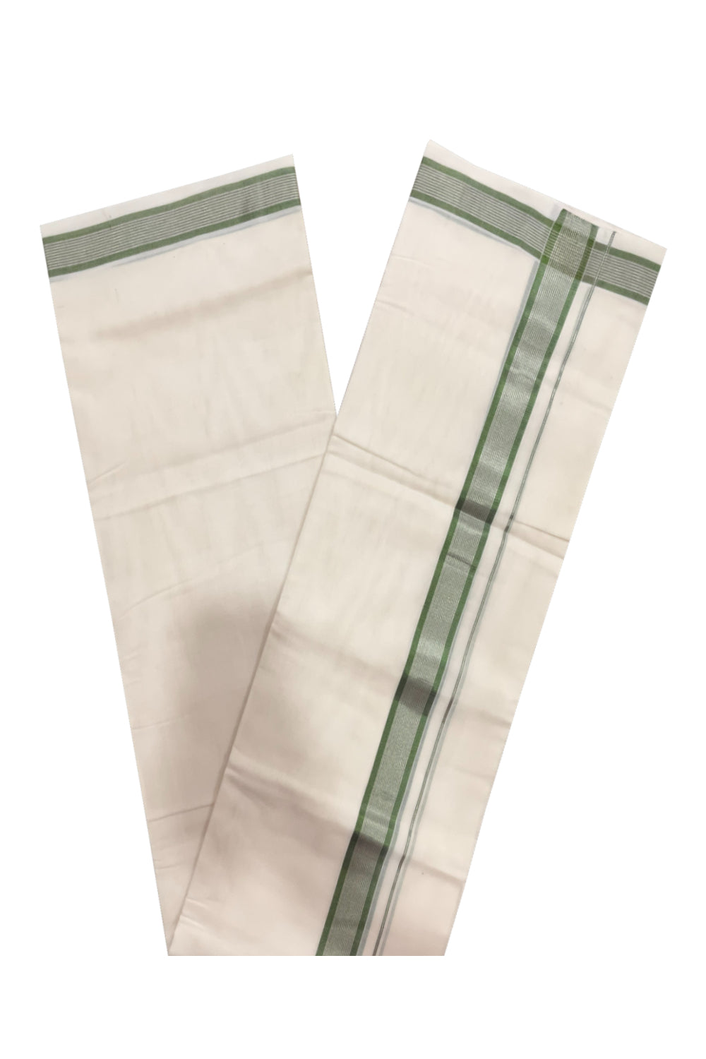 Southloom Premium Handloom Pure Cotton Mundu with Silver and Green Kasavu Border (Onam Mundu 2023)