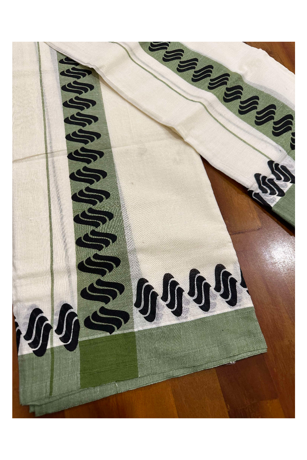 Kerala Cotton Single Set Mundu (Mundum Neriyathum) with Block Prints on Green Border (Onam set Mundu 2023)