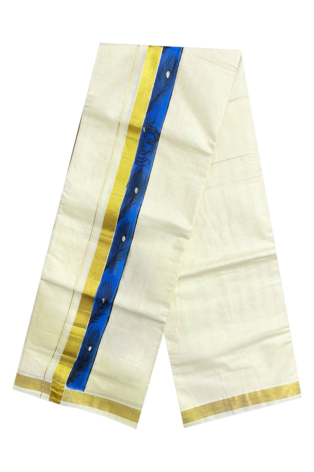 Kerala Pure Cotton Double Mundu with Hand Painted Designs on Kasavu Border(South Indian Kerala Dhoti)