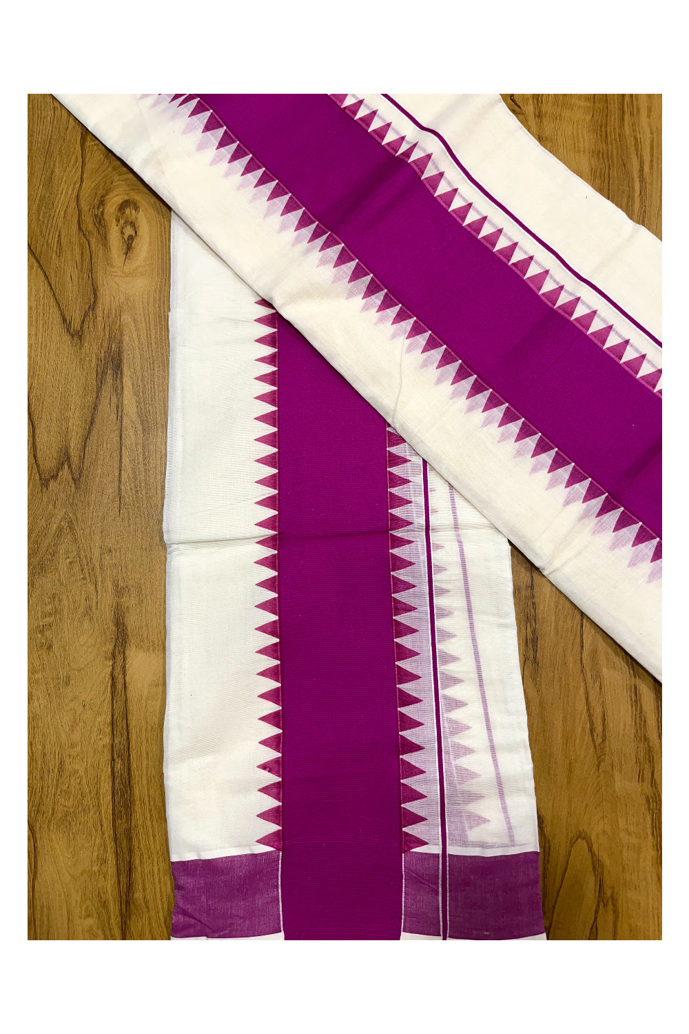 Kerala Pure Cotton Set Mundu Single (Mundum Neriyathum) with Bright Magenta Temple Border 2.80 Mtrs