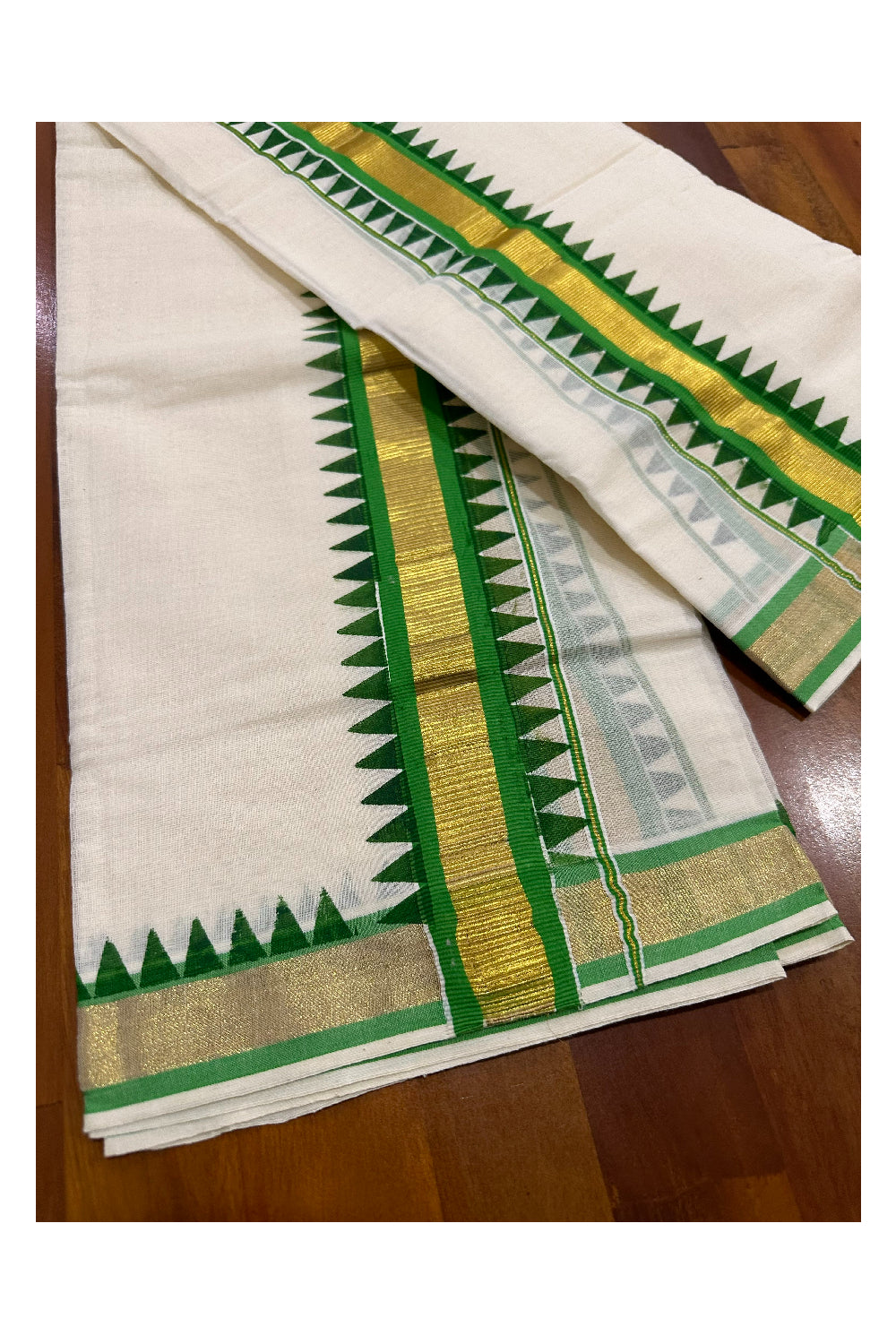 Kerala Cotton Kasavu Single Set Mundu (Mundum Neriyathum) with Green Temple Block Prints on Border 2.80 Mtrs (Onam set Mundu 2023)