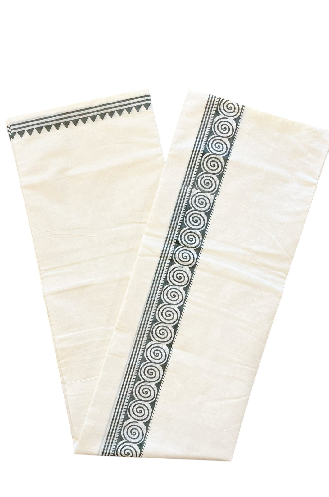 Pure Cotton Off White Double Mundu with Grey Block Prints On Border (South Indian Kerala Dhoti)