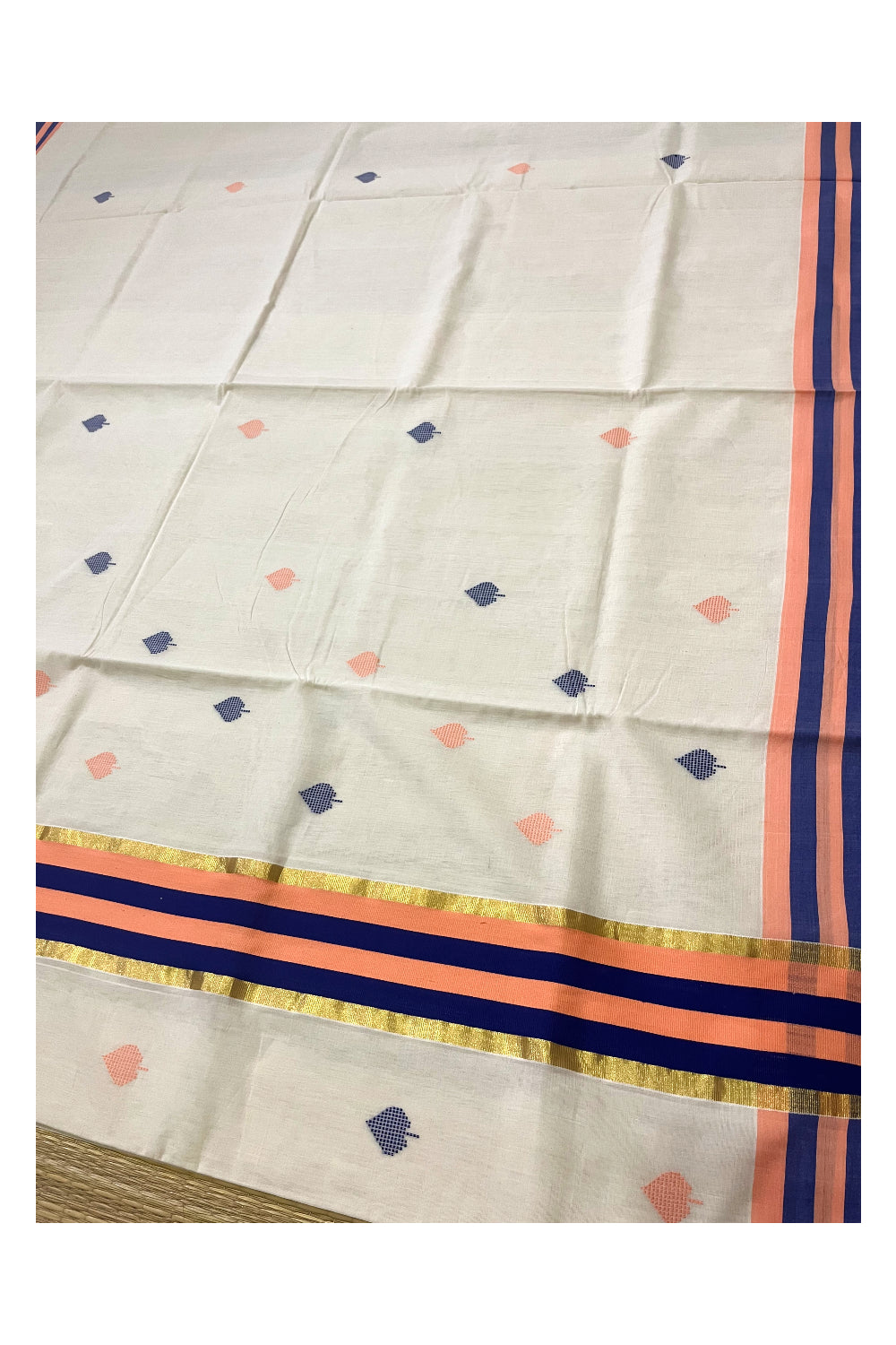 Southloom Premium Unakkupaavu Handloom Cotton Butta Work Saree with Kasavu and Blue Peach Border