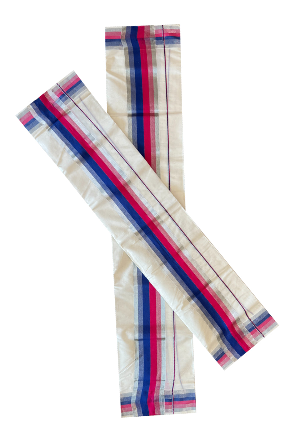 Cotton Mundum Neriyathum Double (Set Mundu) with Magenta Blue and Silver Kasavu Border