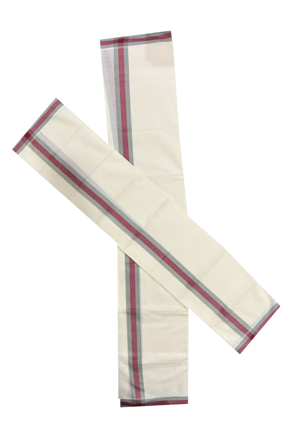 Kerala Cotton Mulloth Single Set Mundu (Mundum Neriyathum) with Maroon and Grey Border (Extra Soft Cotton) 2.75 Mtrs