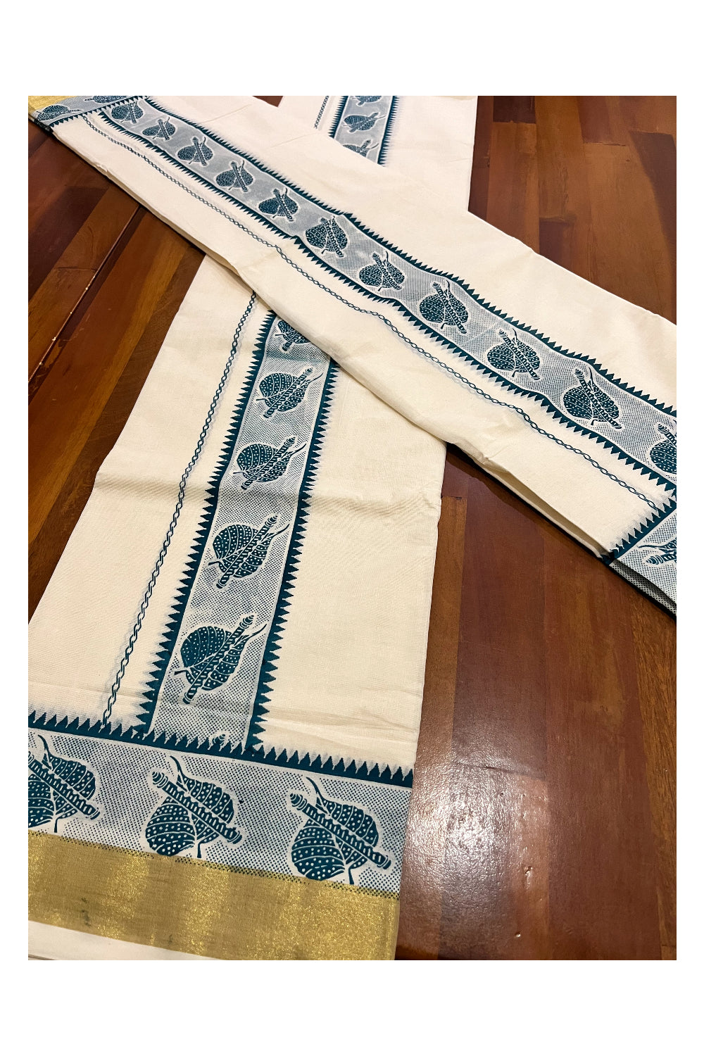 Kerala Pure Cotton Single Set Mundu with Blue Leaf and Flute Block Printed Border