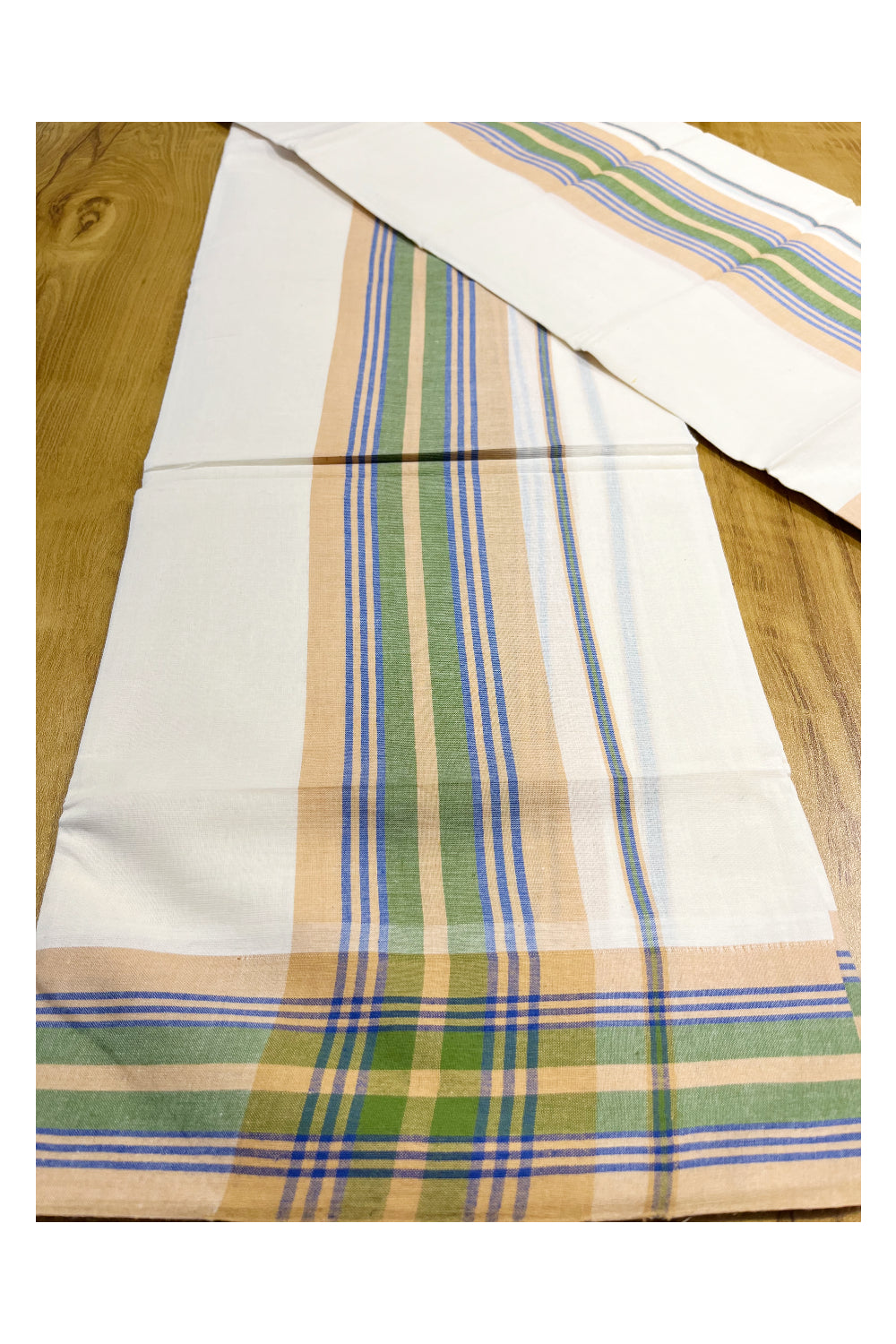 Pure Cotton Mundum Neriyathum Double (Set Mundu) with Sandal,Green and Blue Border