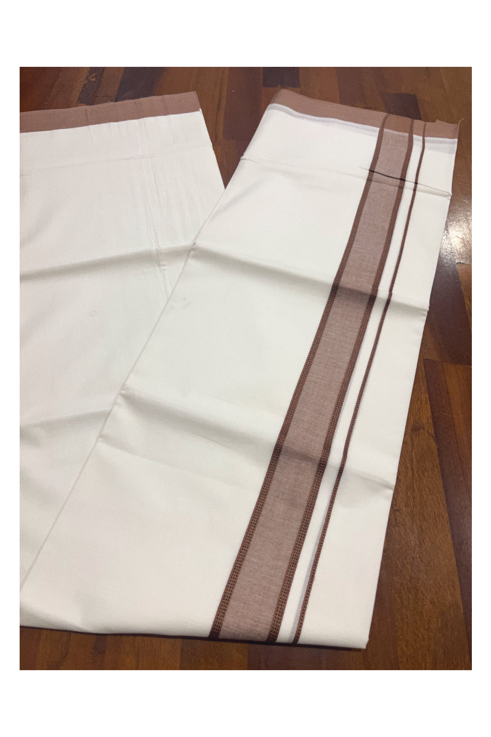 Pure White Cotton Double Mundu with Brown Border (South Indian Kerala Dhoti)