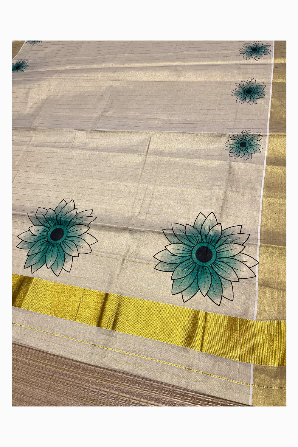 Kerala Tissue Kasavu Lines Design Saree with Green Floral Prints on Body (Onam 2024 Collection)