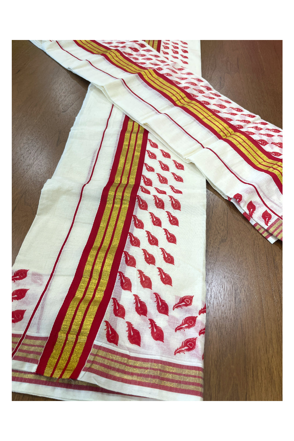 Cotton Single Set Mundu (Mundu Neriyathum) with Red Feather Block Prints and Kasavu Border