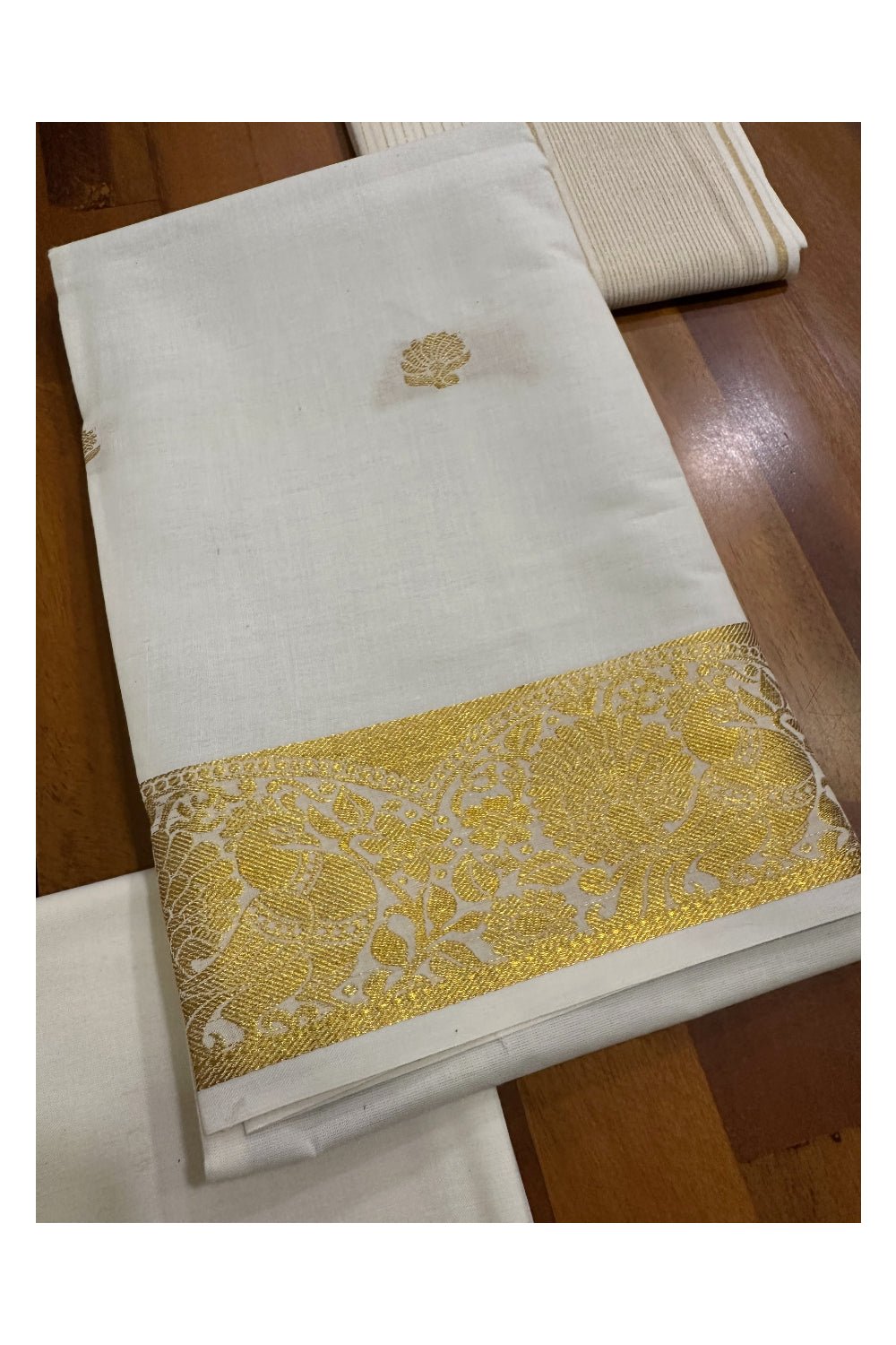 Kerala Cotton Churidar Salwar Material with Kasavu Peacock Woven Designs (include Shawl / Dupatta)