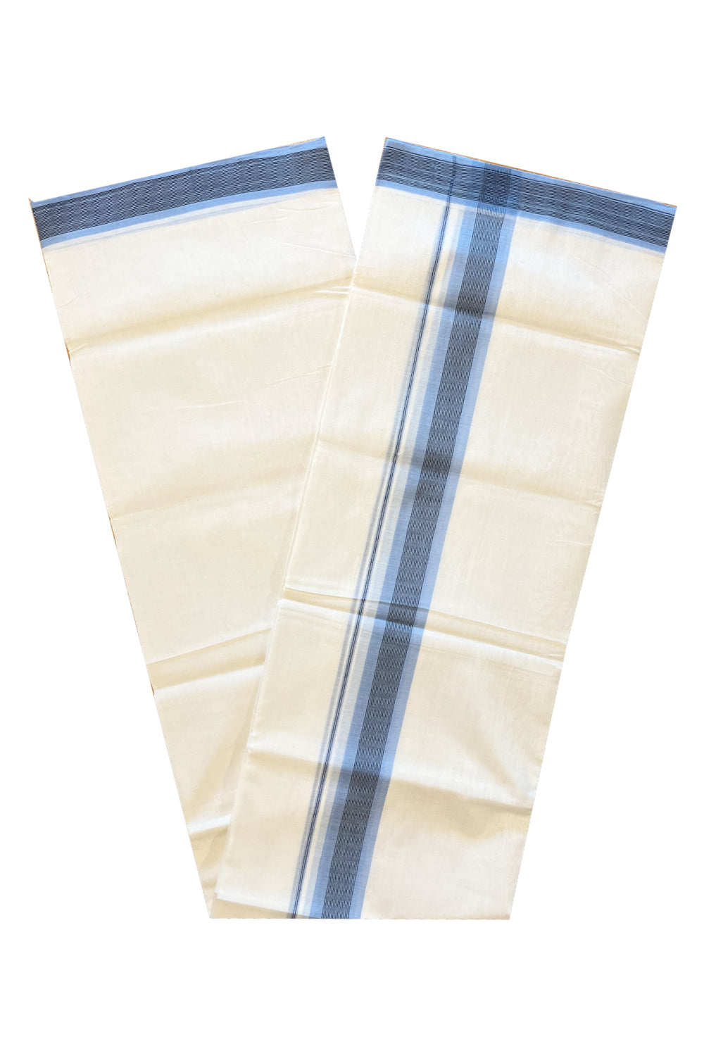 Southloom Premium Handloom Cotton Double Mundu with Blue And Black Lines Border