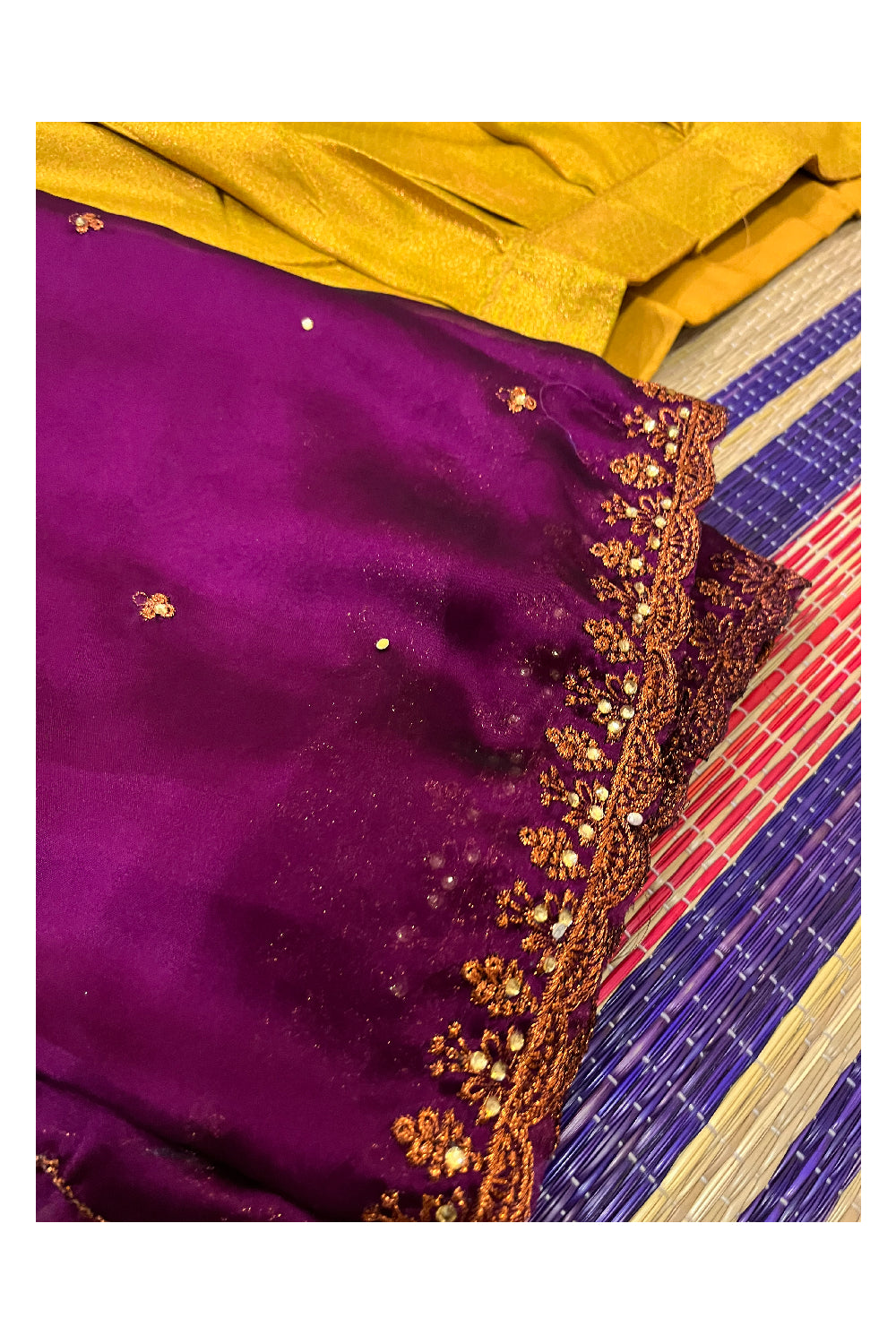 Semi Stitched Premium Semi SIlk Golden Yellow Dhavani Set with Dark Magenta Neriyathu and Blouse Piece