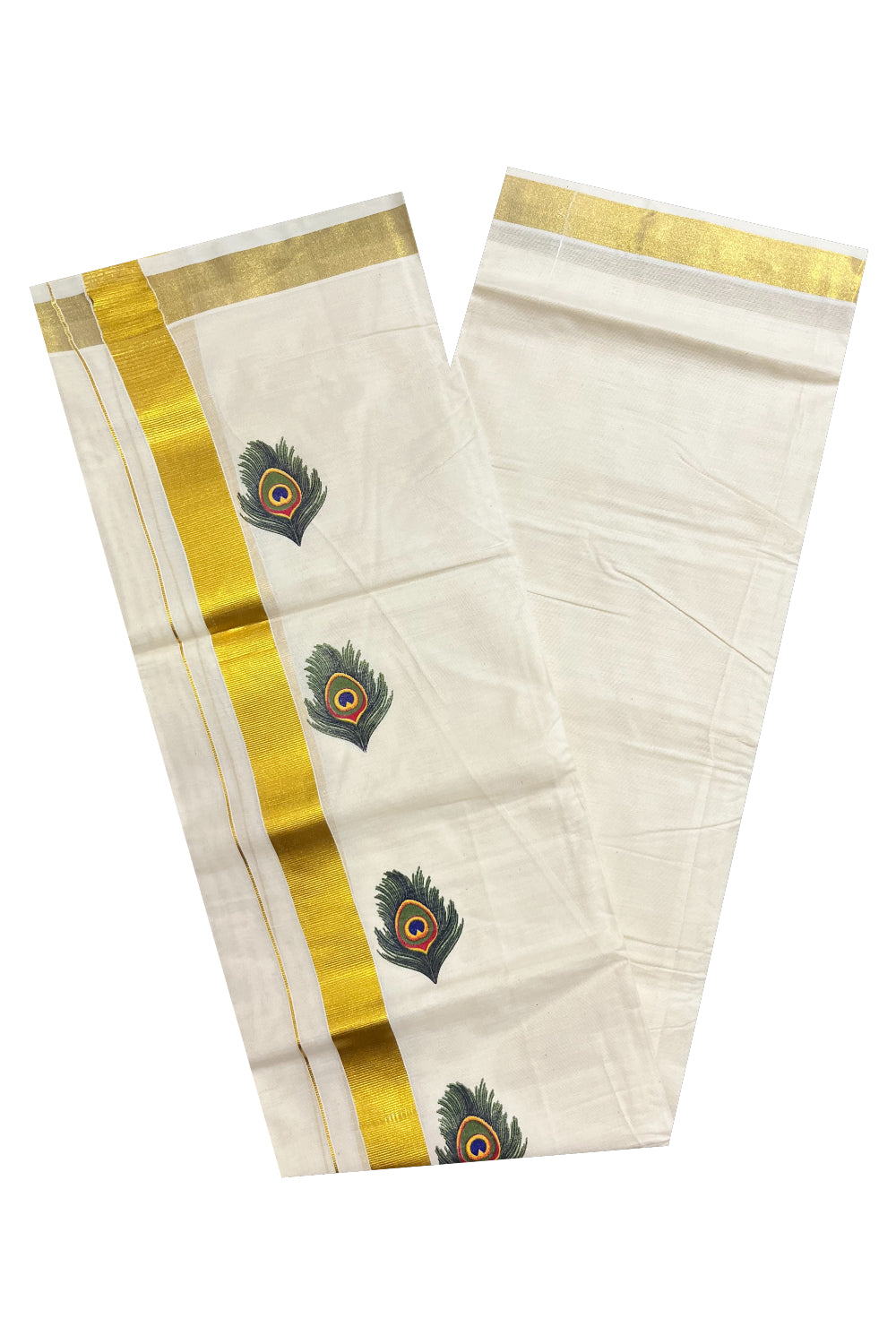 Pure Cotton Kasavu Mundu with Mural Hand Painted Feather Design (South Indian Kerala Dhoti) - Vishu 2024 Collection