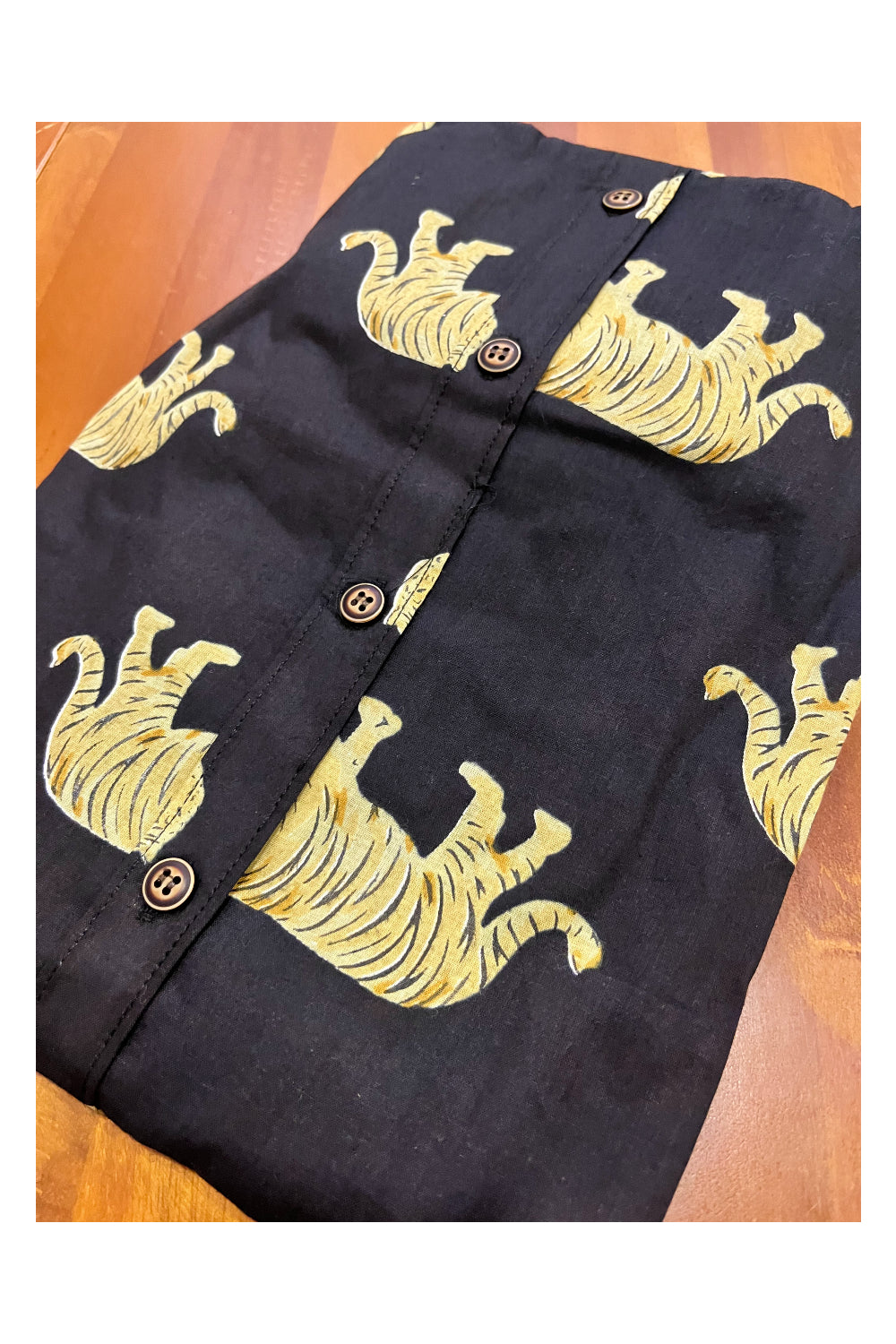 Southloom Jaipur Cotton Tiger Hand Block Printed Mandarin Collar Black Shirt (Full Sleeves)
