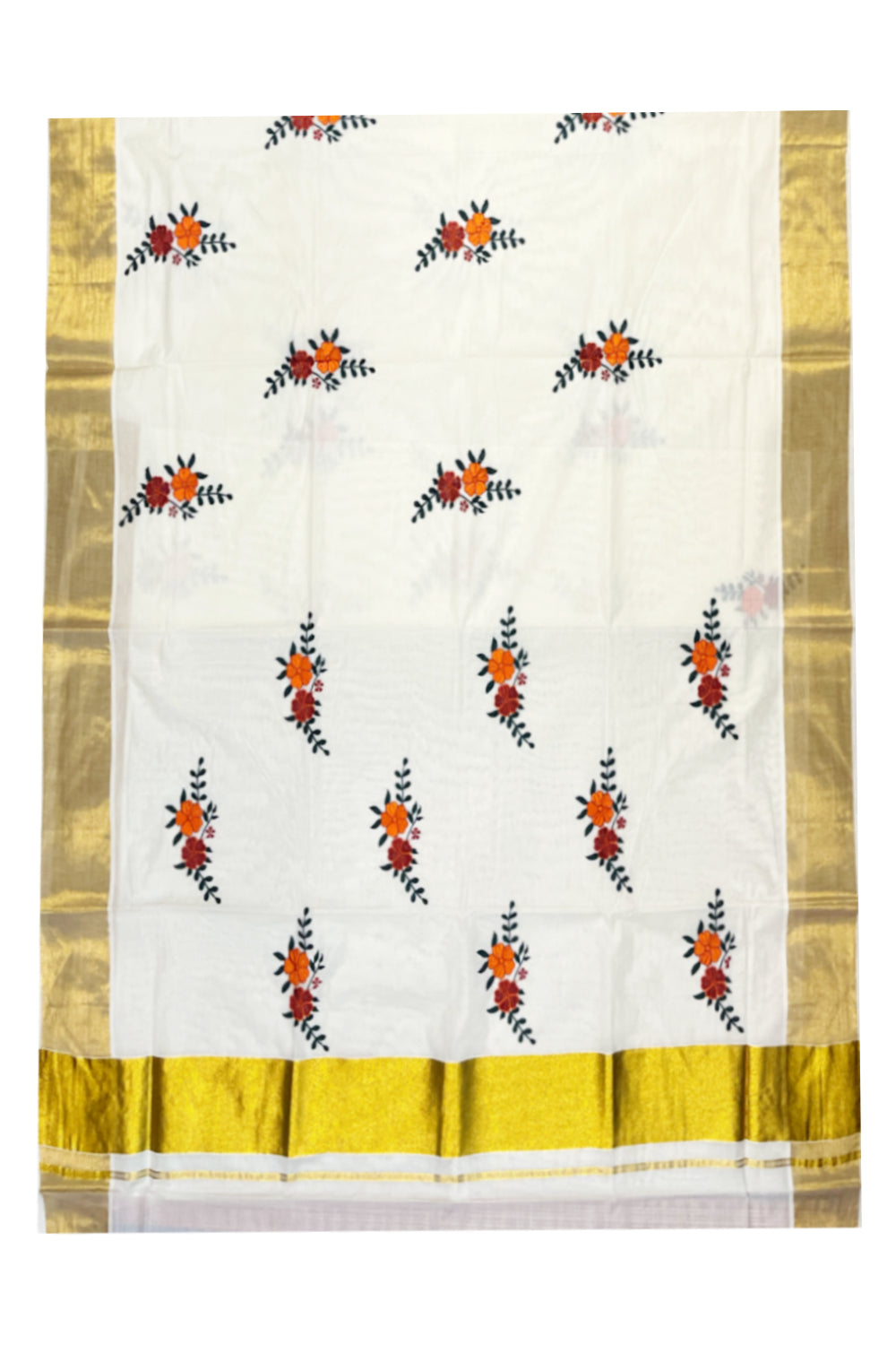 Kerala Cotton Kasavu Saree with Floral Flower Embroidery Works