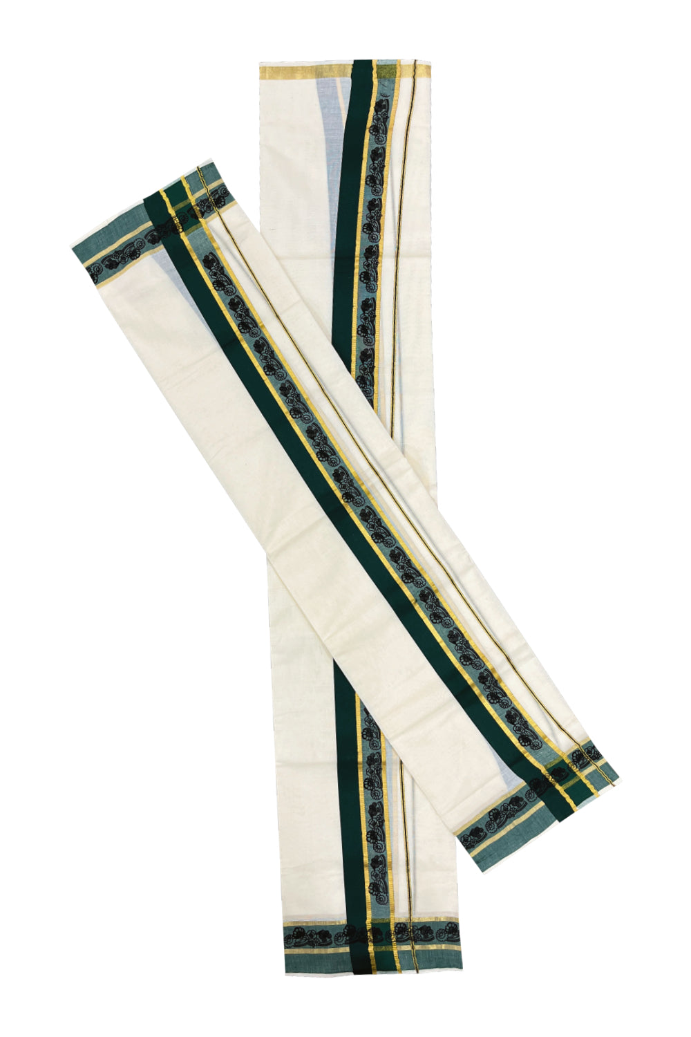 Kerala Cotton Set Mundu (Mundum Neriyathum) with Floral Block Prints in Dark Green and Kasavu Border