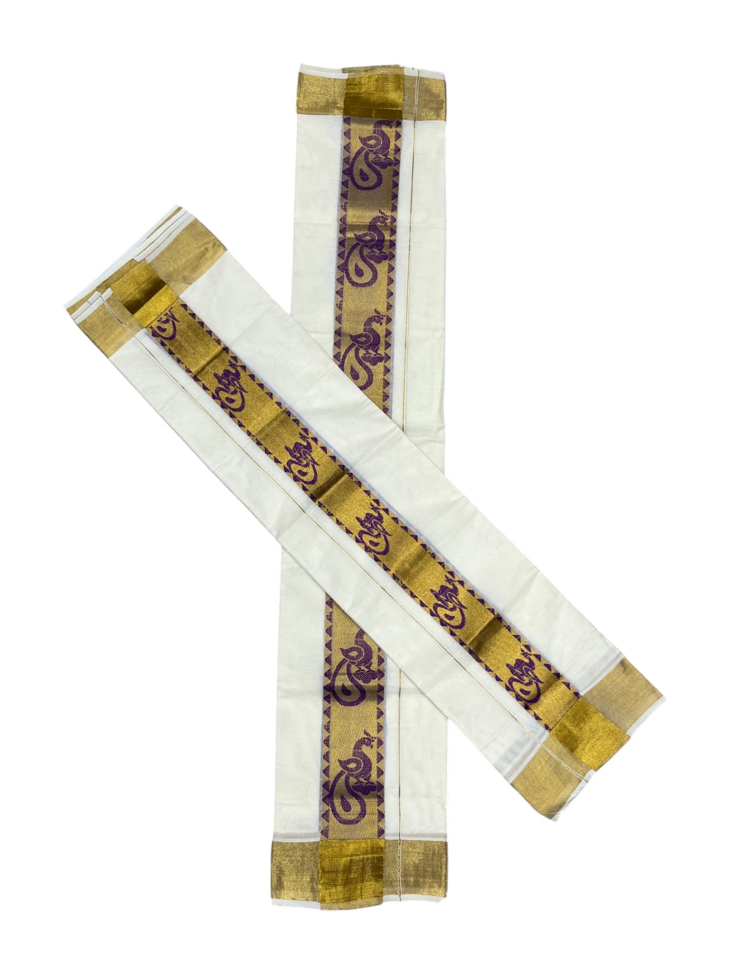 Kerala Pure Cotton  Set Mundu (Mundum Neriyathum) with Violet Block Prints on Kasavu Border-2.80Mtrs