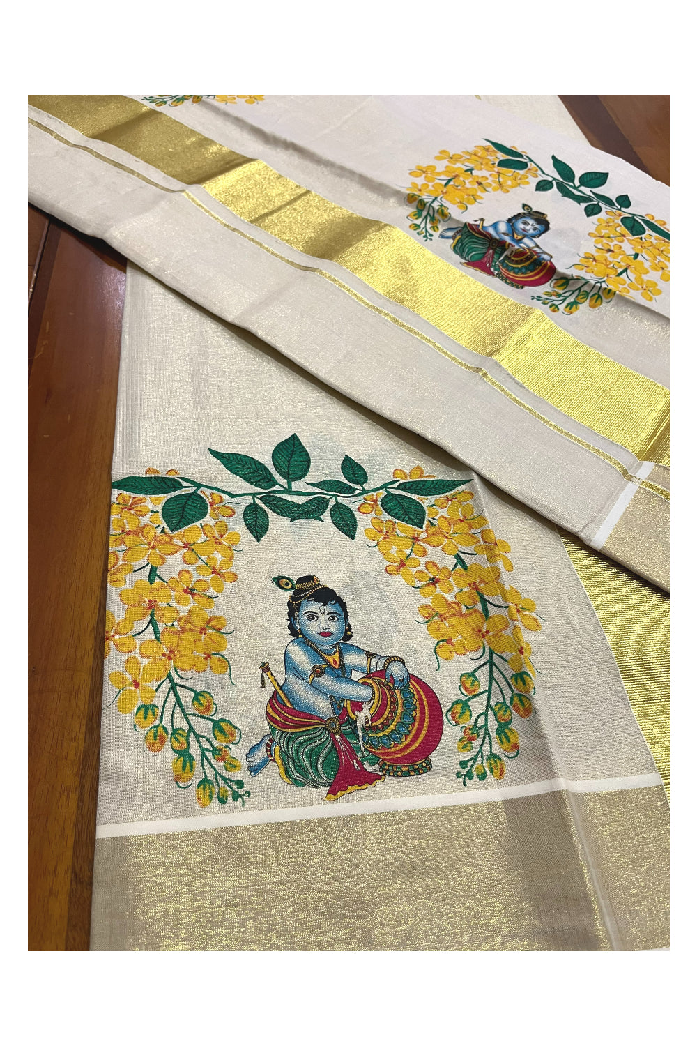 Kerala Tissue Kasavu Set Mundu (Mundum Neriyathum) with Baby Krishna Mural Printed Design