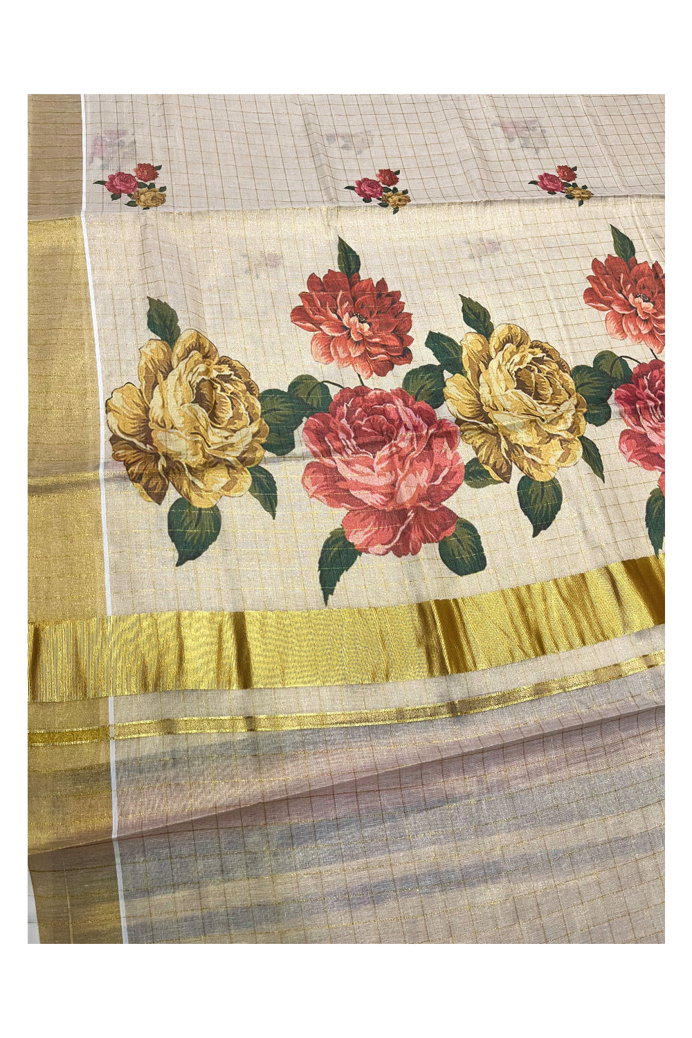 Kerala Tissue Kasavu Check Design Saree with Red And Yellow Floral Prints on Body (Vishu 2024 Collection)