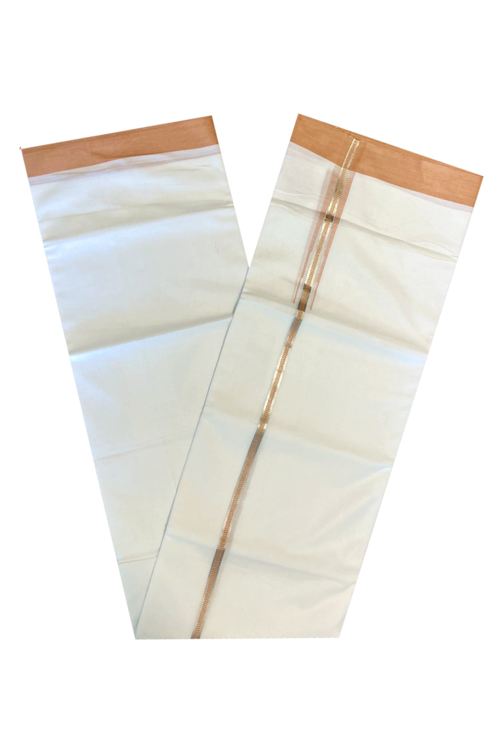 Pure White Cotton Double Mundu with Silver Peach Chutti Border (South Indian Kerala Dhoti)