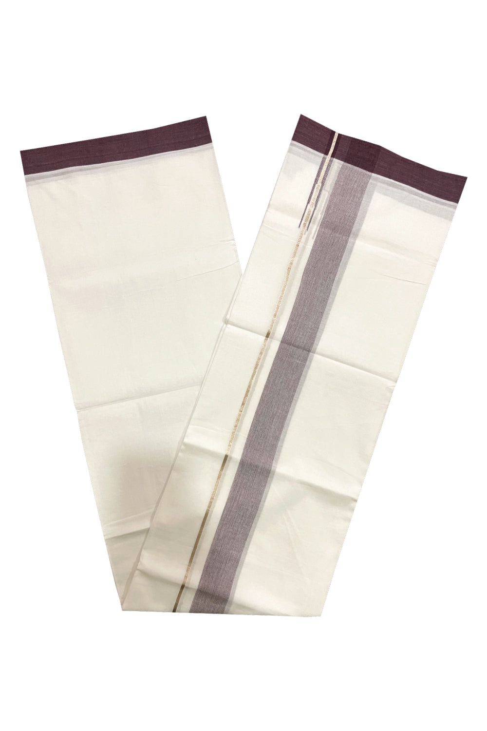 Pure White Cotton Double Mundu with Silver Kasavu and Purple Chutti Border (South Indian Kerala Dhoti)