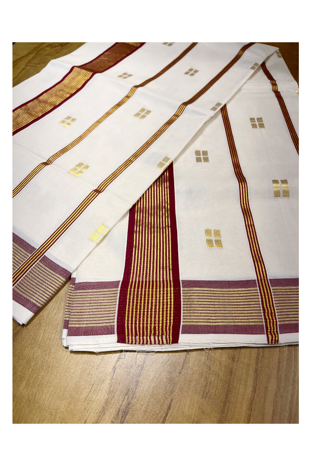 Southloom Premium Handloom Kerala Saree Marooon and Kasavu Lines with Golden Small Woven Works on Body