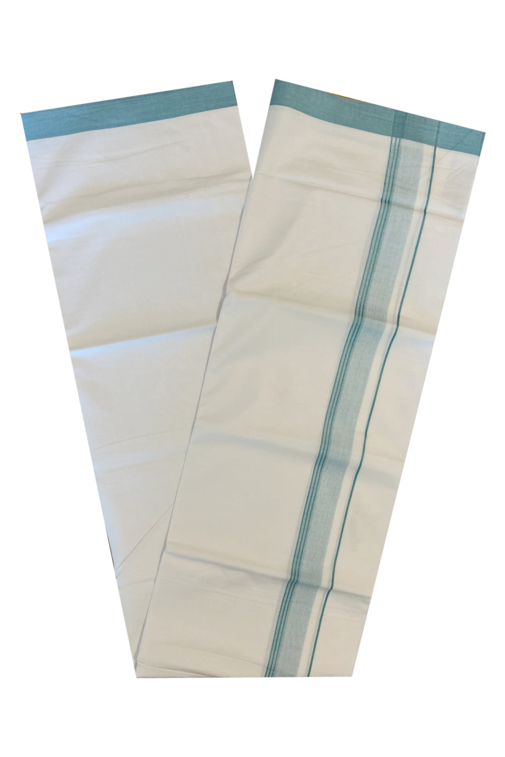 Pure White Cotton Single Mundu with Turquoise Border (South Indian Dhoti)