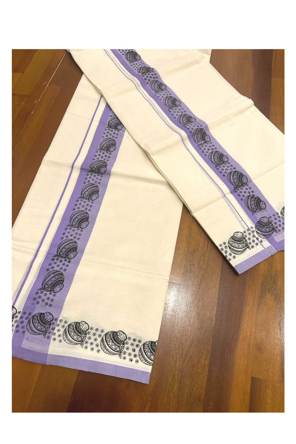 Kerala Cotton Set Mundu (Mundum Neriyathum) with Block Prints on Violet Border (Onam Set Mundu 2023)