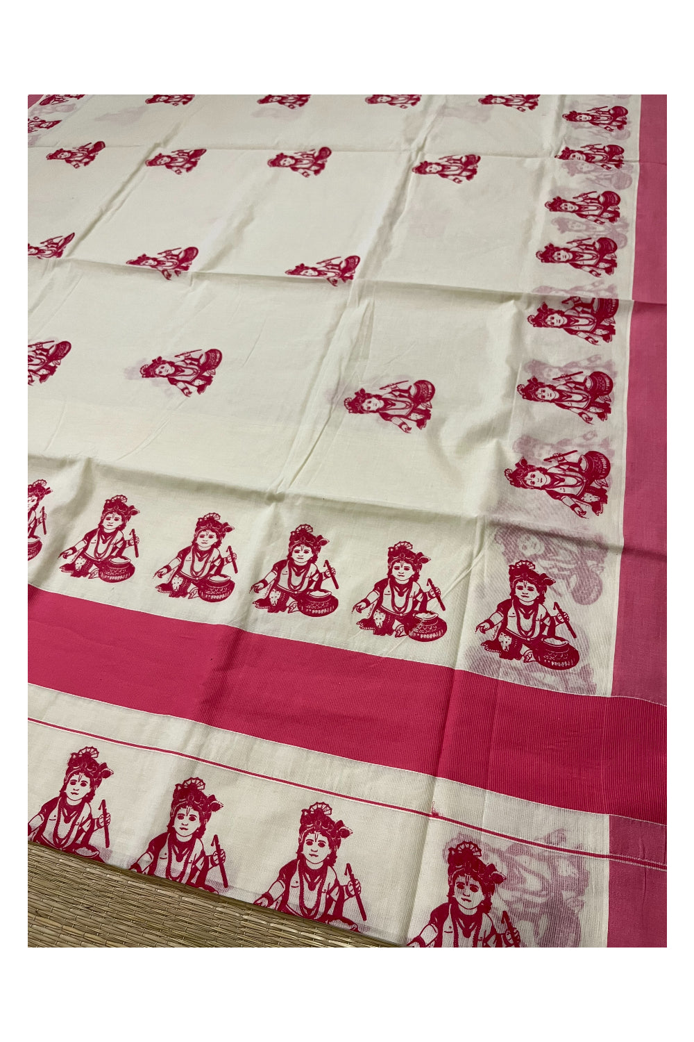 Pure Cotton Kerala Saree with Pink Krishna Block Printed Border