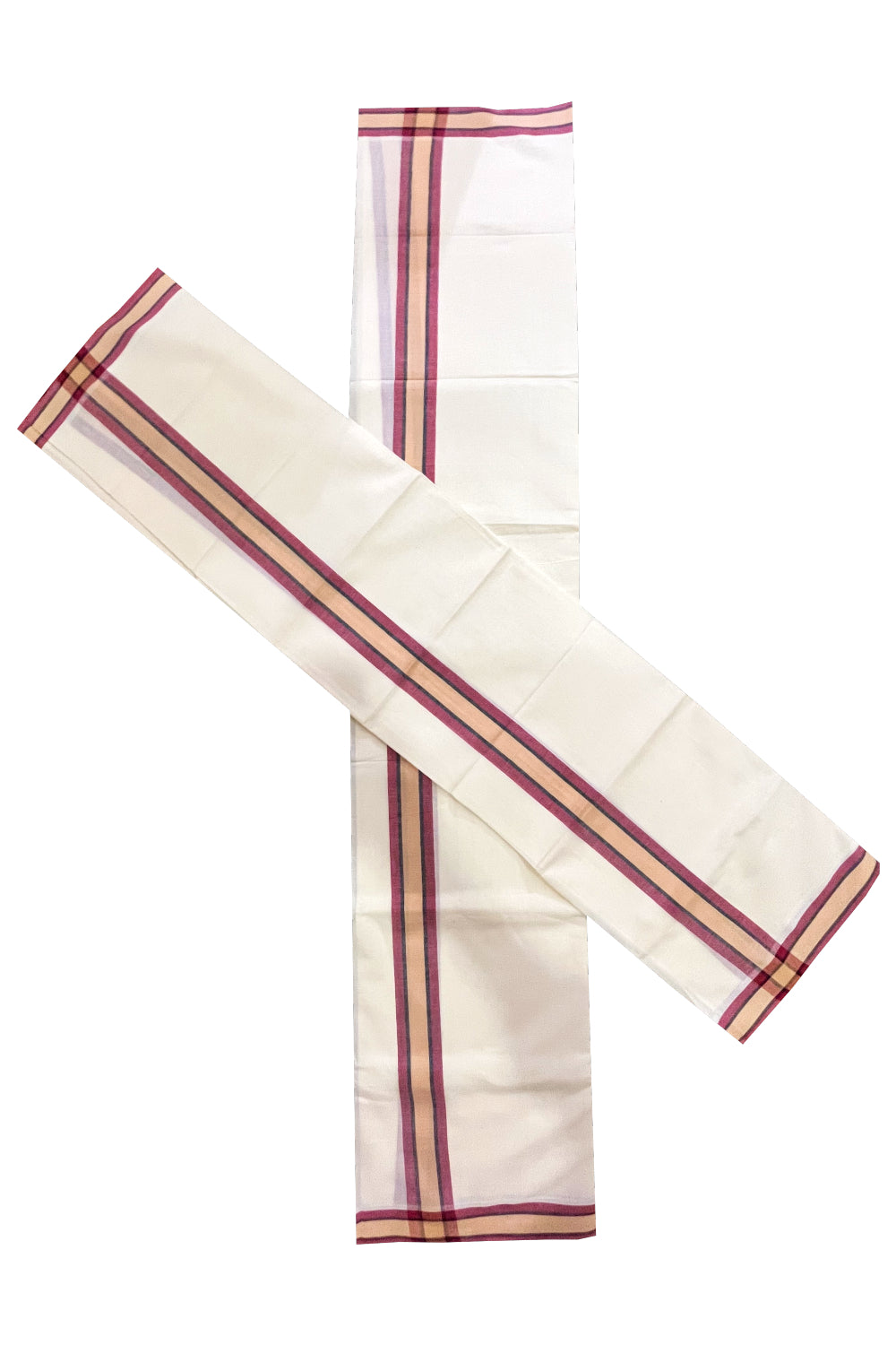 Kerala Mulloth Cotton Single Mundum Neriyathum with Maroon Beige Border (Extra Soft Cotton)