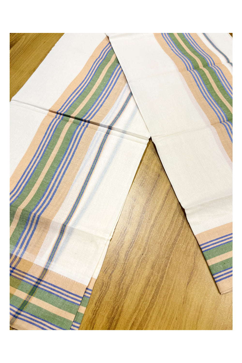 Pure Cotton Mundum Neriyathum Double (Set Mundu) with Sandal,Green and Blue Border