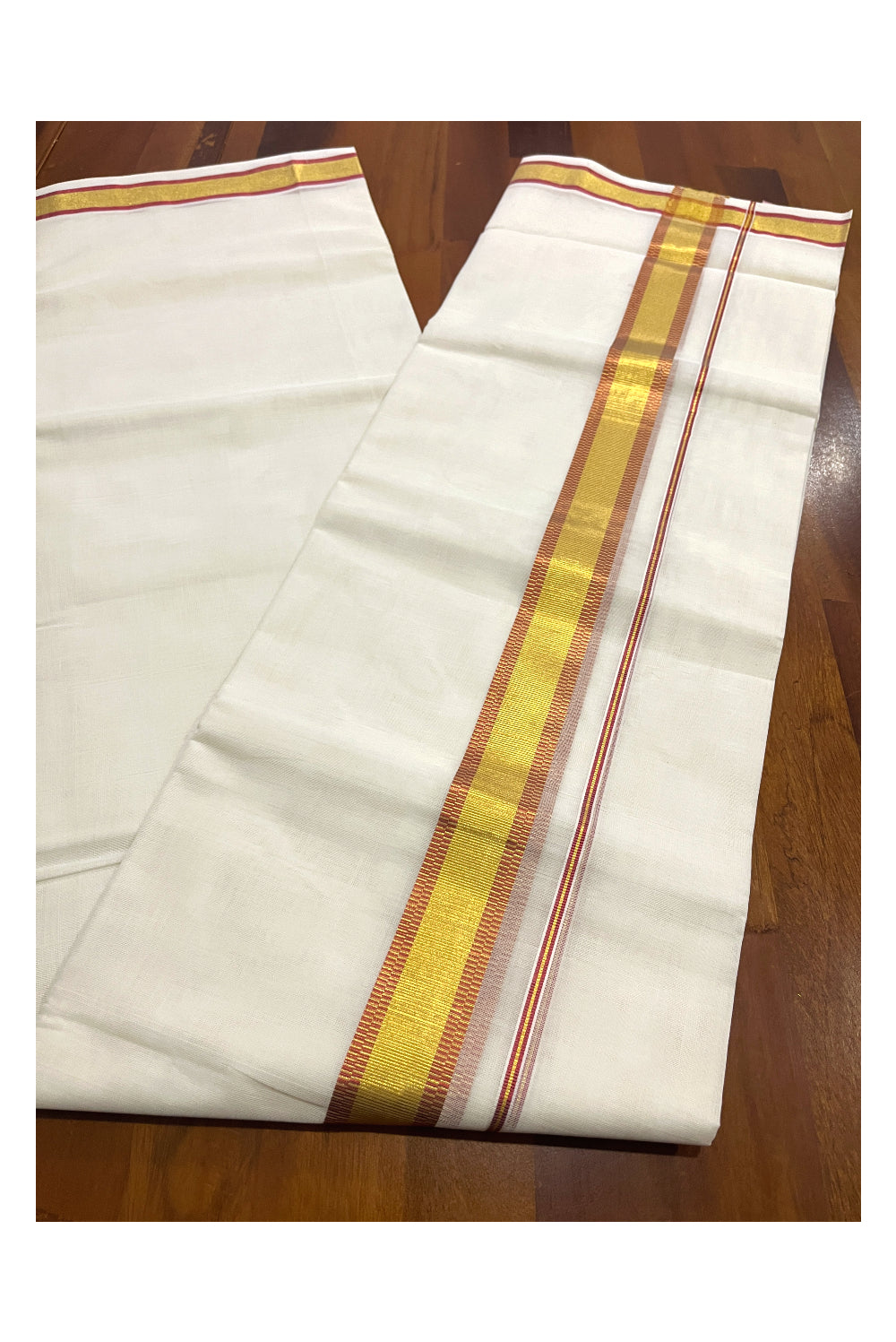 Southloom Premium Handloom Cotton Double Mundu with Golden and Red Kasavu Design Border (South Indian Kerala Dhoti)