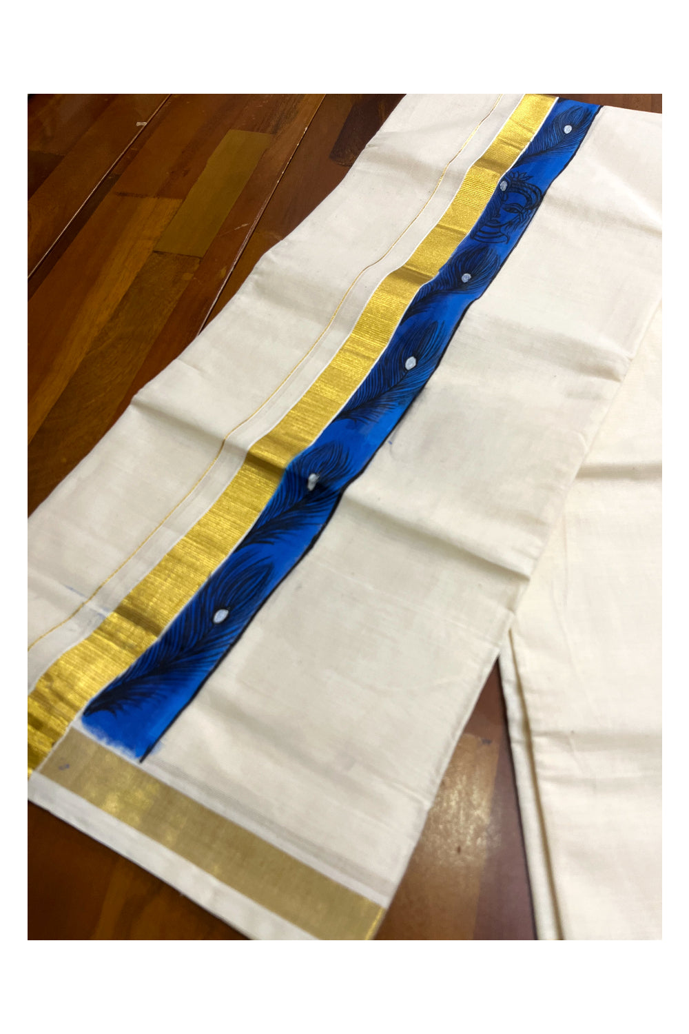 Kerala Pure Cotton Double Mundu with Hand Painted Designs on Kasavu Border(South Indian Kerala Dhoti)