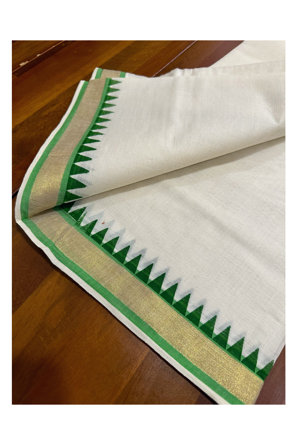 Kerala Cotton Kasavu Single Set Mundu (Mundum Neriyathum) with Green Temple Block Prints on Border 2.80 Mtrs (Onam set Mundu 2023)