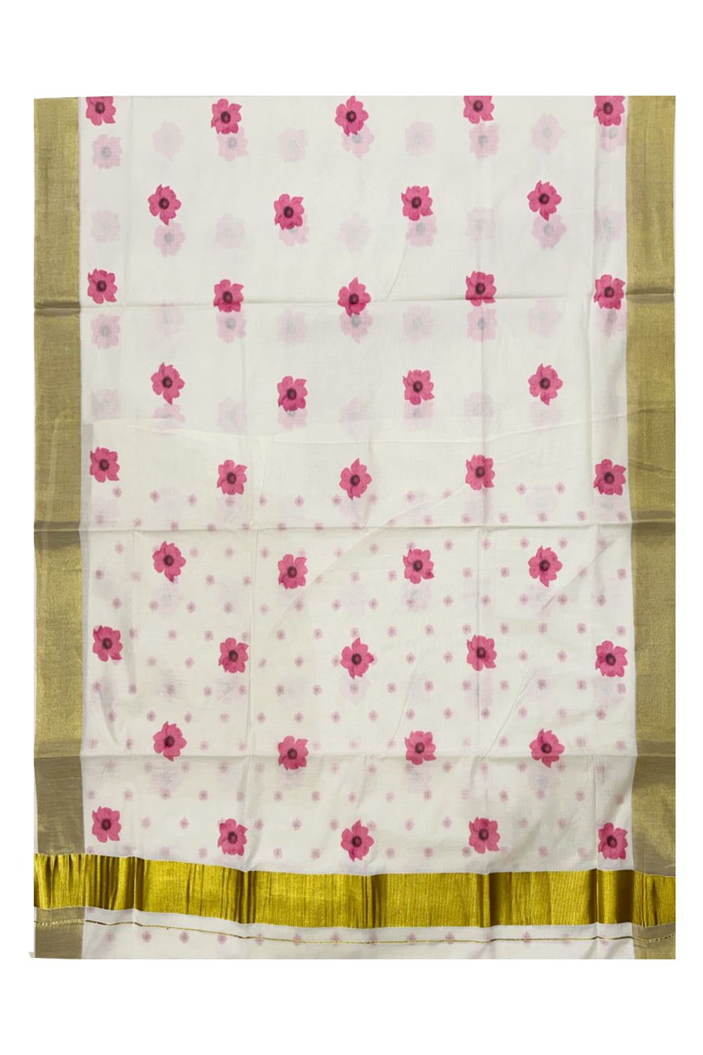 Southloom Exclusive Onam Kasavu Saree with Small Pink Floral High Quality Digital Print Across Body (Matching Printed Blouse Included)