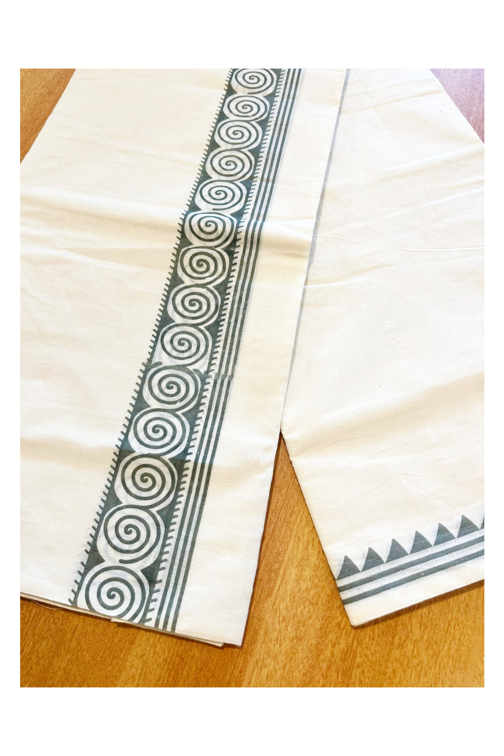 Pure Cotton Off White Double Mundu with Grey Block Prints On Border (South Indian Kerala Dhoti)