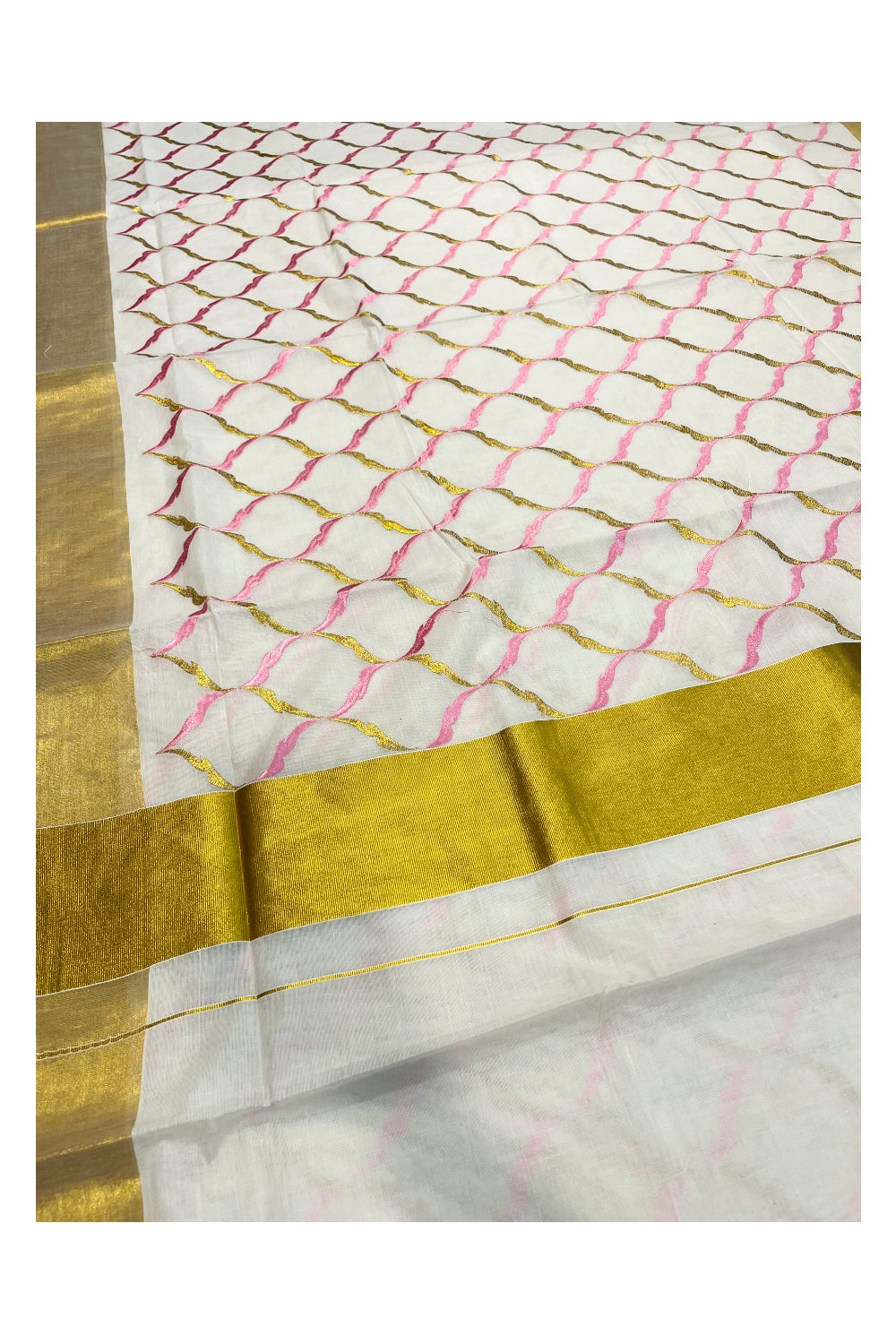 Southloom Cotton Kerala Kasavu Saree with Pink and Golden Floral Designs