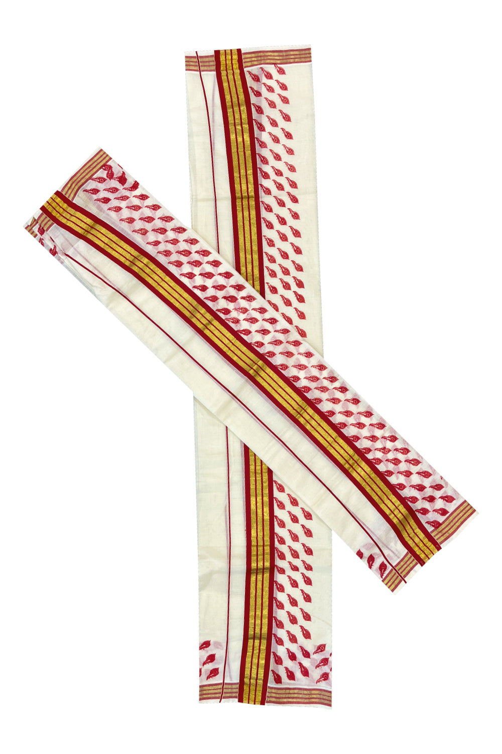 Cotton Single Set Mundu (Mundu Neriyathum) with Red Feather Block Prints and Kasavu Border