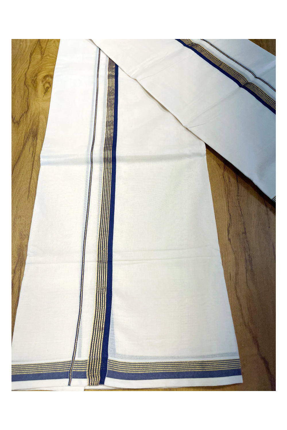 Kerala Pure Cotton Set Mundu Single (Mundum Neriyathum) with Blue and Kasavu Border 2.80 Mtrs