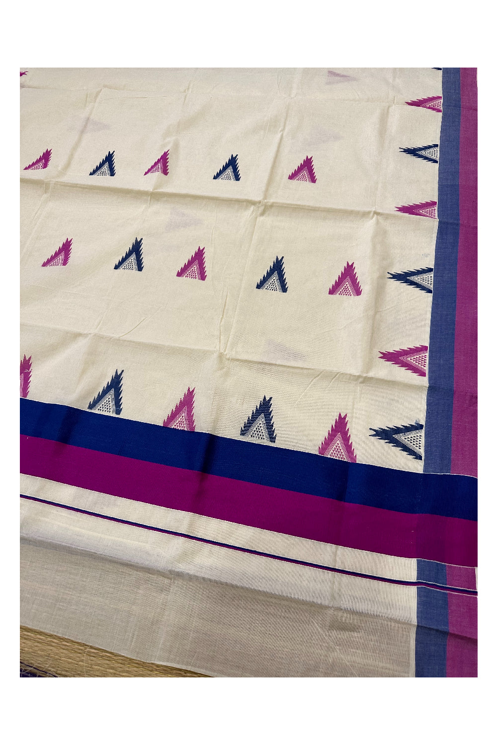 Kerala Cotton Saree with Blue and Magenta Temple Block Prints on Border (Onam Saree 2023)