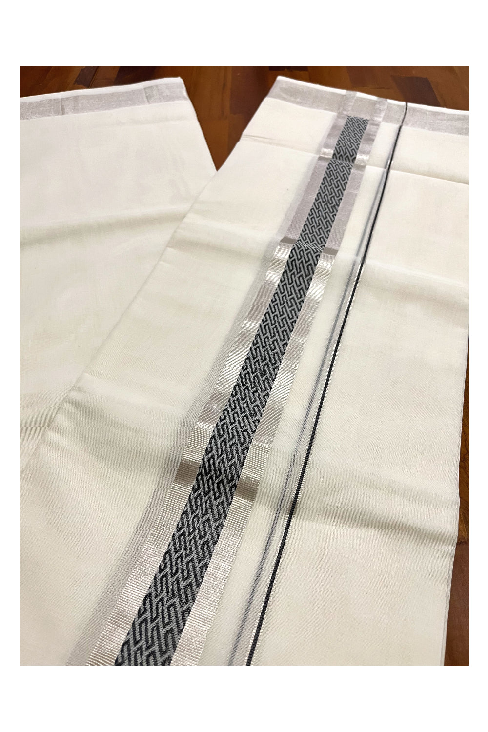 Southloom Premium Wedding Handloom Cotton Mundu with Black and Silver Kasavu Woven Border (South Indian Kerala Dhoti)