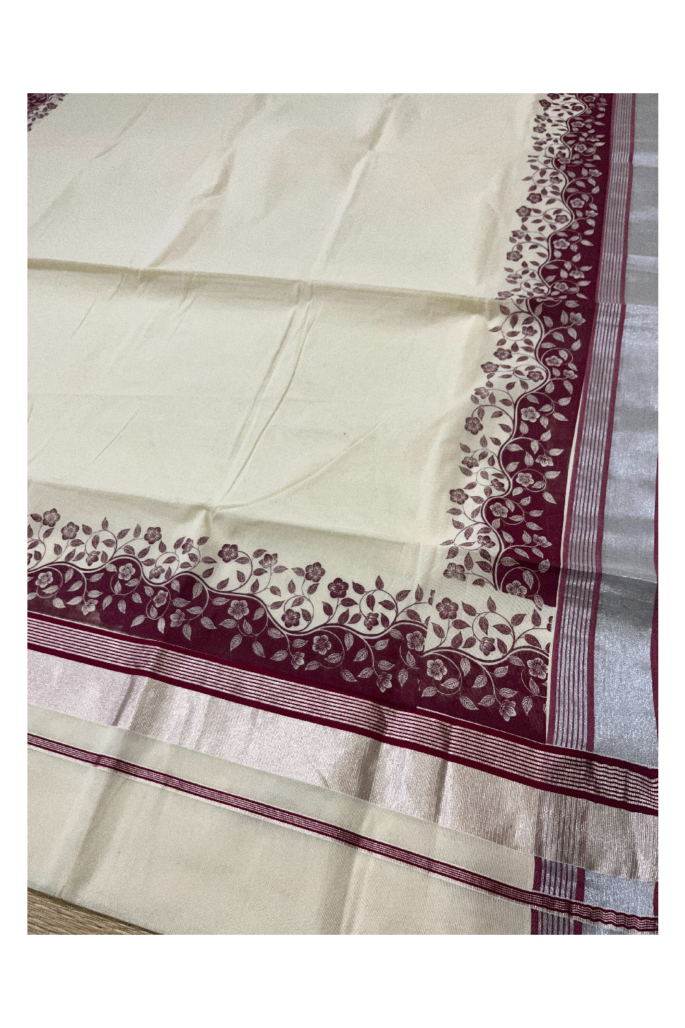 Kerala Cotton Saree with Maroon Floral Block Prints and Silver Kasavu Border (Onam Saree 2023)