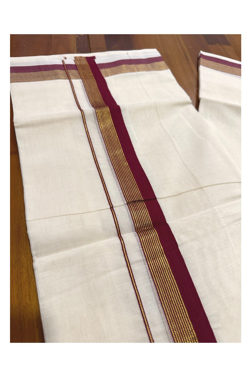 Southloom Premium Handloom Mundu with Maroon and Kasavu Kara (Onam Mundu 2023)