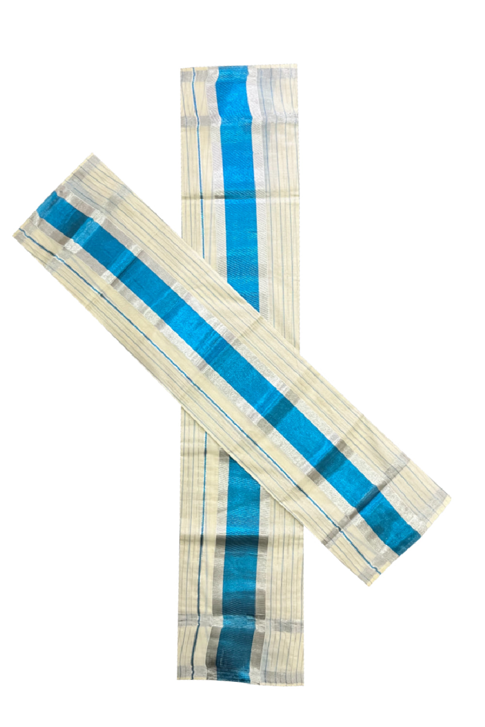 Kerala Cotton Set Mundu Single (Mundum Neriyathum) with Silver and Blue Kasavu Lines Across Body 2.80 Mtrs